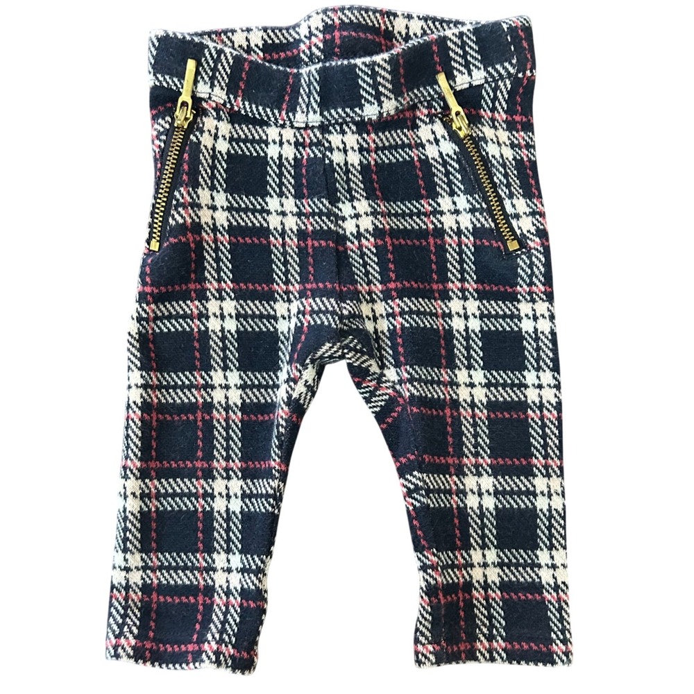 Baby Plaid Knit Leggings Navy Red White Tartan Gold Zipper Detail Pants